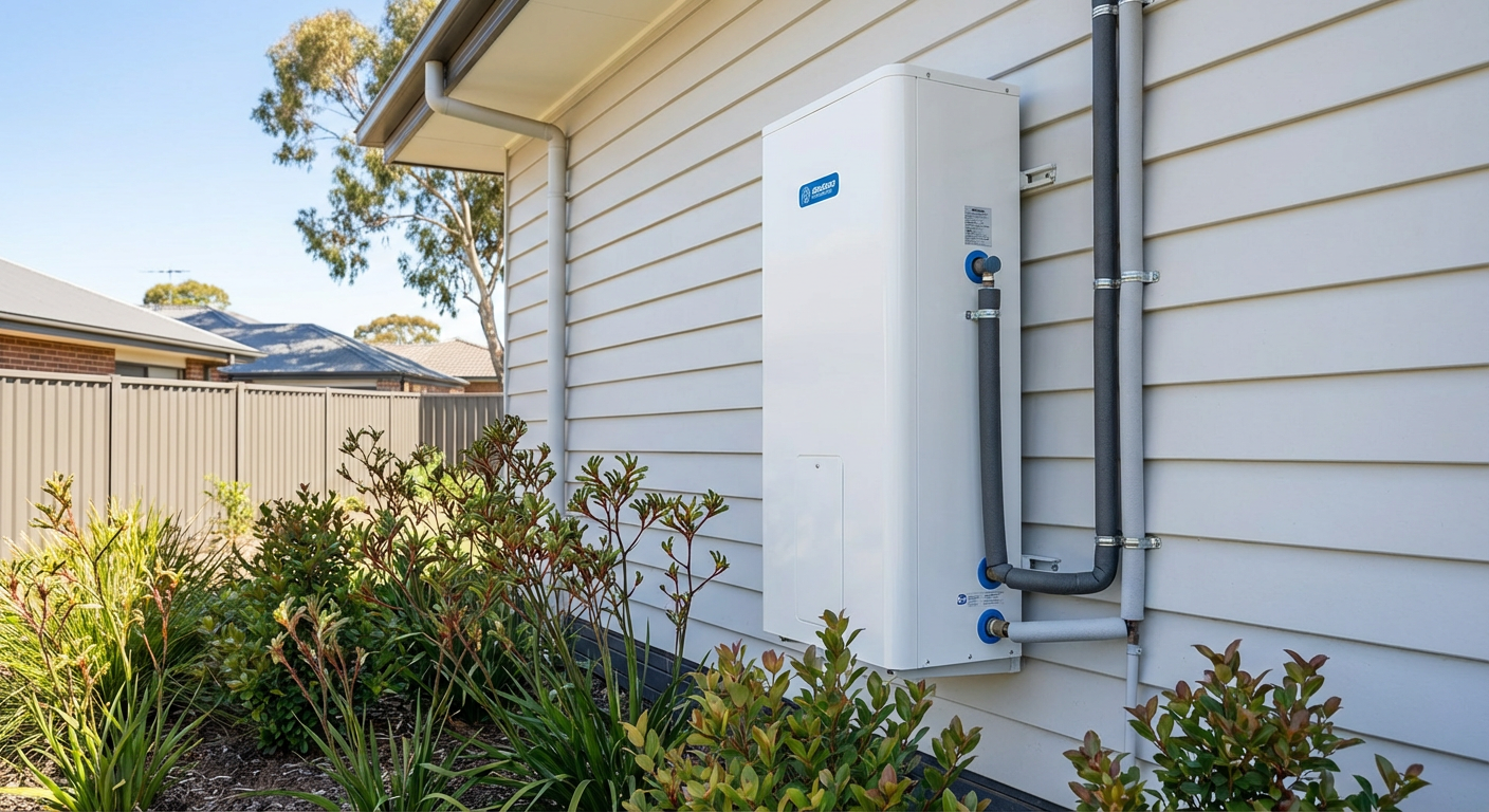 Modern heat pump hot water unit installed on an Australian home