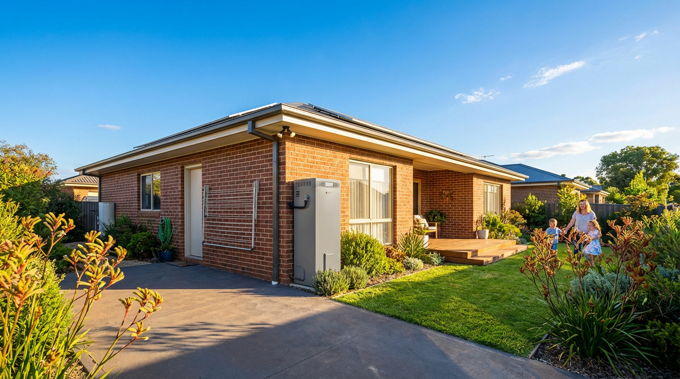 Modern Australian home with heat pump hot water system installed